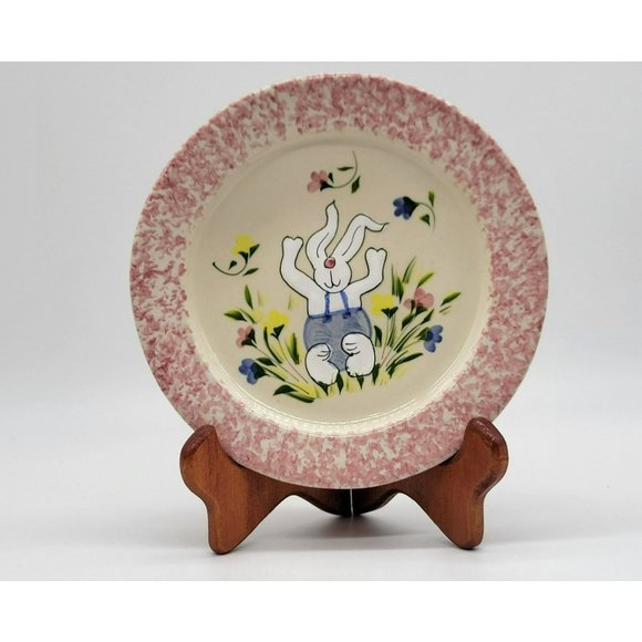 Vintage Happy Bunny Plate Garden White Rabbit Pink Spongeware Handmade Patton - Picture 1 of 8